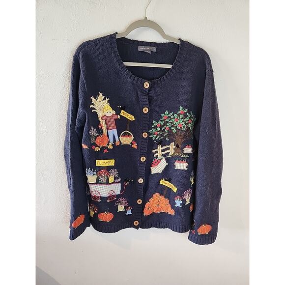 Vtg Northern Isles Cardigan Sweater Embroidered Fall Pumpkin Fruit Womens XL - Picture 1 of 8